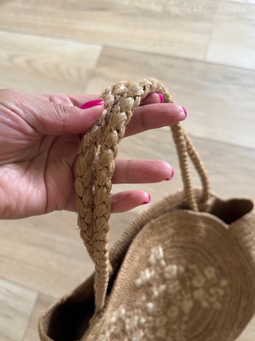 Sezane June Basket Natural Round Raffia Woven Tote Floral Embroidery - Picture 6 of 10
